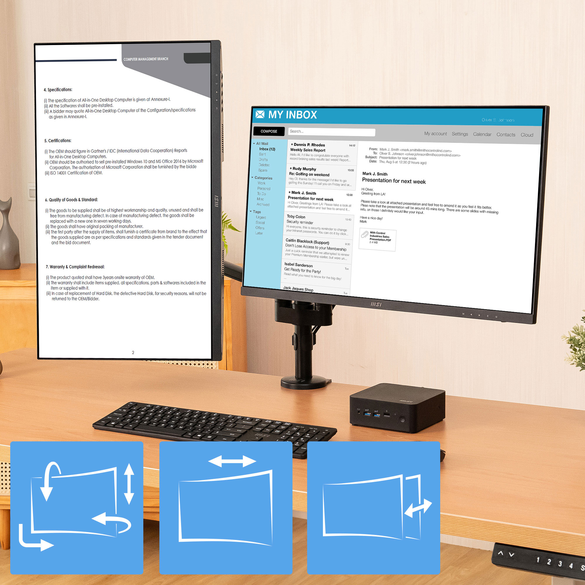 MSI PRO MT81D Premium Aluminum Dual Monitor Stand Arms, Supports 17